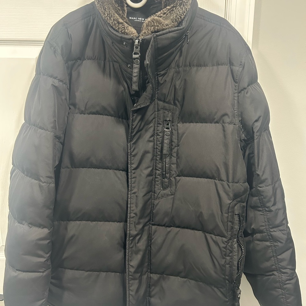 Marc New York Black Men's Quilted Puffer Jacket with Sherpa Trim